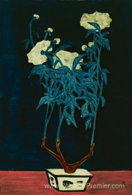 Fleurs en pot dans un jardinière bleu et blanc Fleurs en pot dans un jardinière bleu et blanc