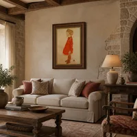 Petite fille aux cheveux blonds dans une robe rouge — Villa italienne