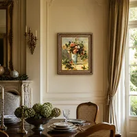 Roses et jasmin dans un vase Delft — Salle à manger de château