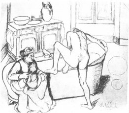 Nu entrant dans le bain à côté de la grand-mère assise Nu entrant dans le bain à côté de la grand-mère assise