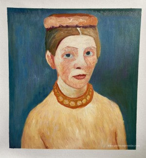 Autoportrait avec couronne et chaîne de fleurs rouges