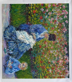 Camille Monet et un enfant dans le jardin de l'artiste à Argente
