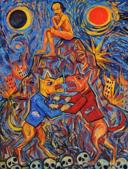 Assis sur la montagne en regardant des chiens se battre Assis sur la montagne en regardant des chiens se battre