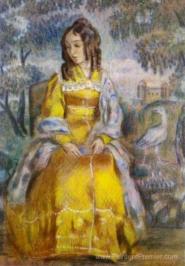 Dame assise, avec une tapisserie en arrière-plan Dame assise, avec une tapisserie en arrière-plan