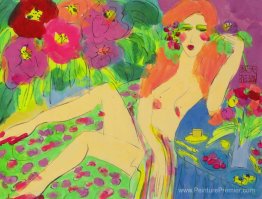 Nude, table bleue et fleurs Nude, table bleue et fleurs