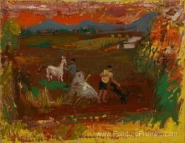 Les enfants jouant avec un chien et un poney Les enfants jouant avec un chien et un poney