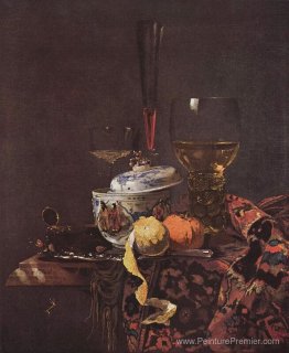 Nature morte avec la verrerie et le bol recouvert de porcelaine Nature morte avec la verrerie et le bol recouvert de porcelaine