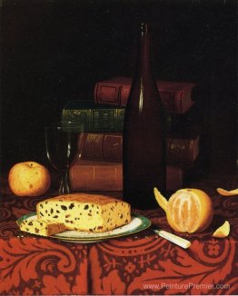 Nature morte avec gâteau aux raisins secs, fruits et vin Nature morte avec gâteau aux raisins secs, fruits et vin