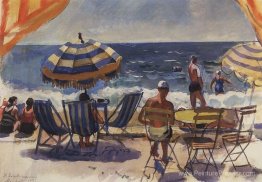 Menton. Plage avec parapluies Menton. Plage avec parapluies