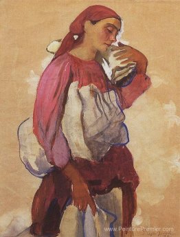Une paysanne avec des rouleaux de toile sur son épaule et dans s Une paysanne avec des rouleaux de toile sur son épaule et dans s